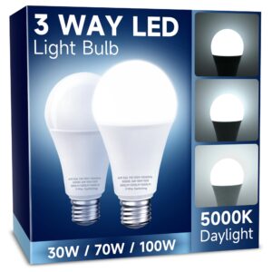 unilamp 3 way led light bulbs, 3 way light bulbs 30 70 100w equivalent, daylight white 5000k, three way a19 light bulbs e26 medium base, 3-way light bulbs for desk lamps, floor lamps, 2 pack