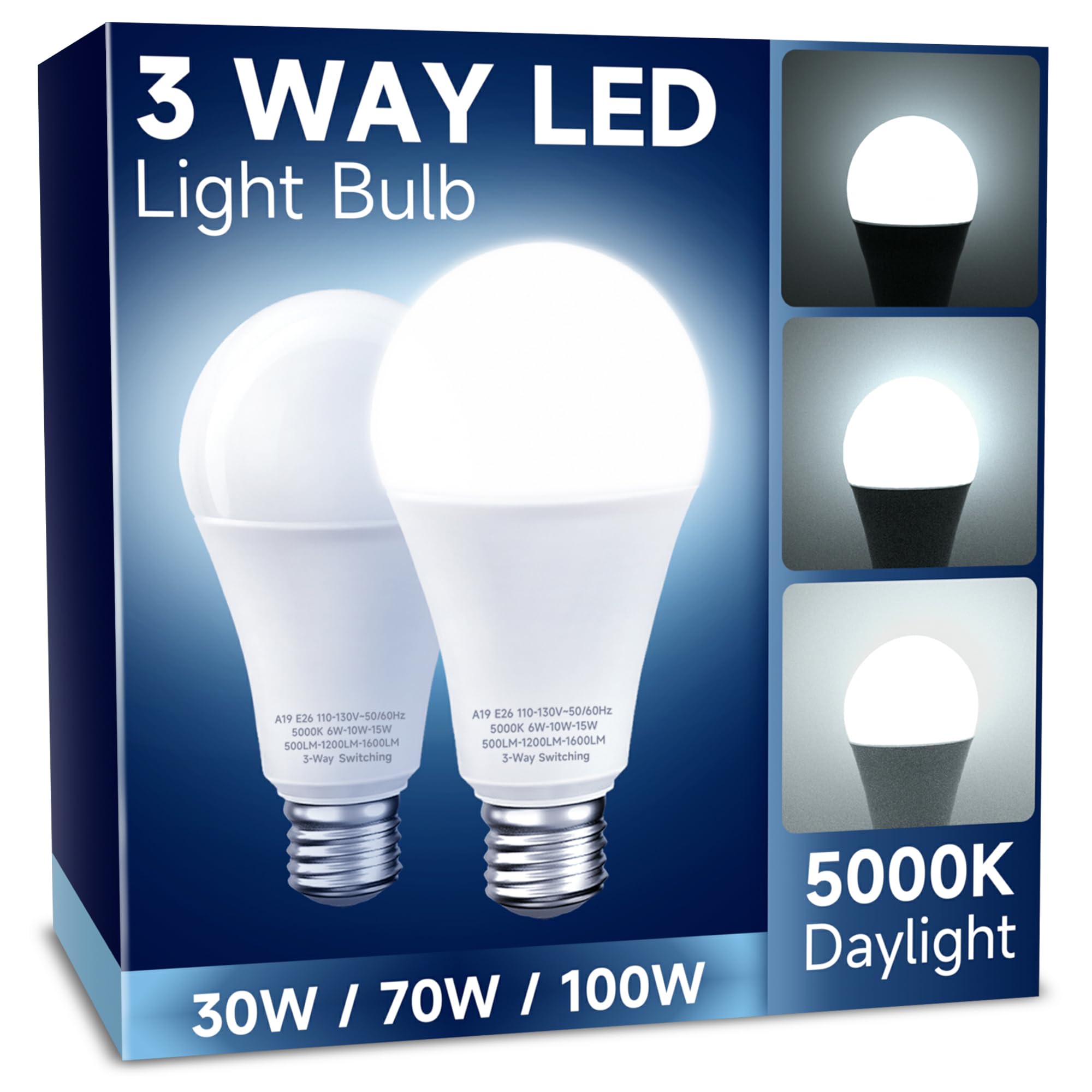 UNILAMP 3 Way LED Light Bulbs, 3 Way Light Bulbs 30 70 100W Equivalent, Daylight White 5000K, Three Way A19 Light Bulbs E26 Medium Base, 3-Way Light Bulbs for Desk Lamps, Floor Lamps, 2 Pack