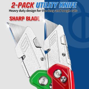 BIBURY Utility Knife 2-Pack, Heavy Duty Folding Box Cutter with Extra 10pcs Replacement SK5 Blades, Pocket Carpet Knife with Quick Change & Safety Lock, Belt Clip