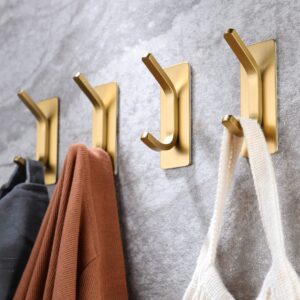 Taozun Adhesive Hooks - Gold Towel Hooks Coat Hooks, Stainless Steel 4-Pack Wall Hooks for Hanging Robe Sponges in Bathroom and Bedroom