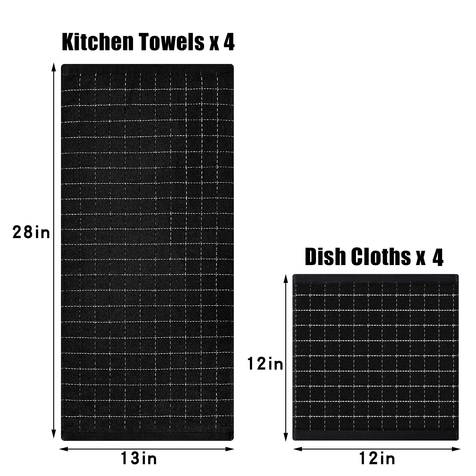 Homaxy Kitchen Towels and Dishcloths Set, 12 x 12 and 13 x 28 Inches, Set of 8 Bulk Cotton Terry Kitchen Towels Set, Checkered Designed, Soft and Super Absorbent Dish Towels, Black