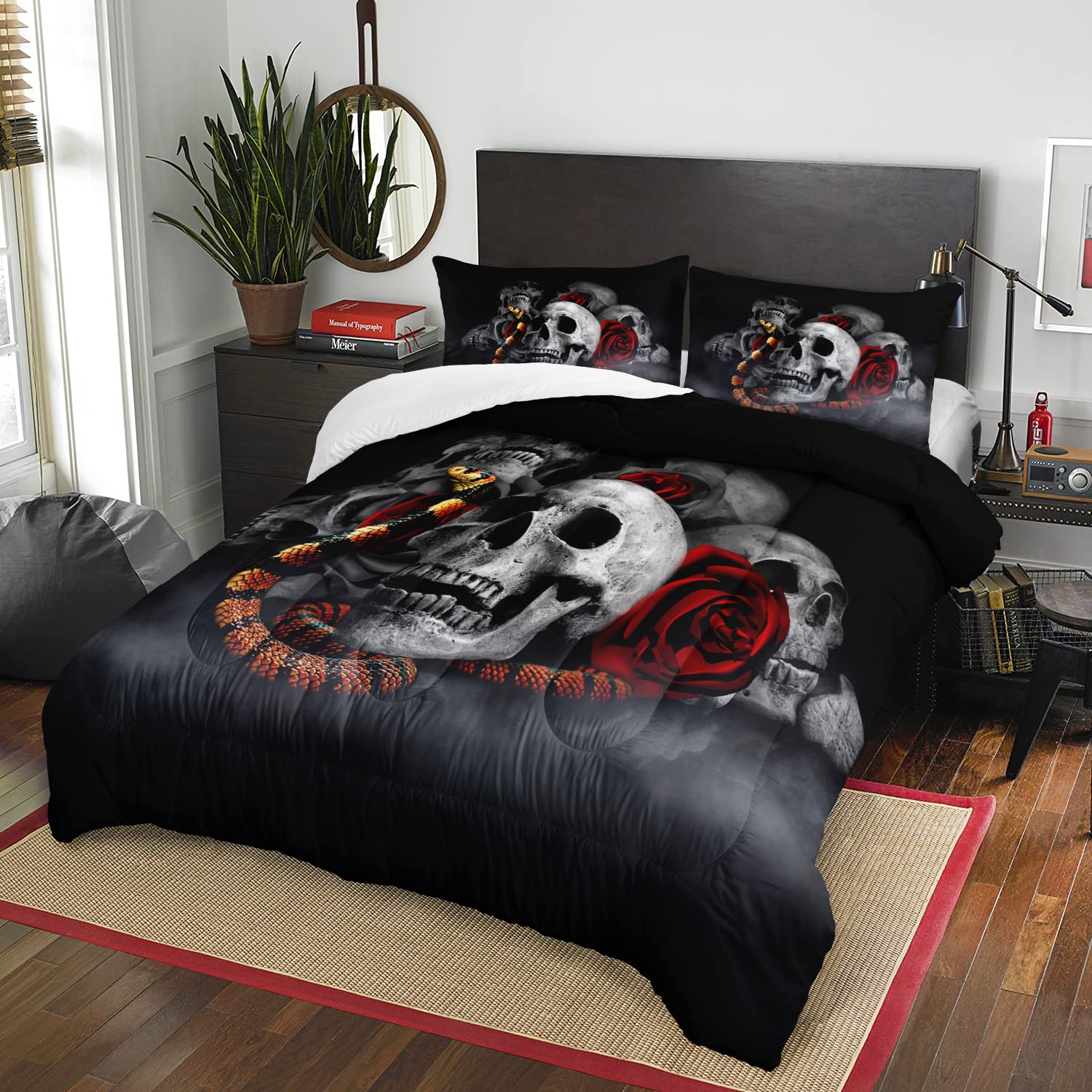 AILONEN Skull Decor Bedding Set Queen Size, Snake Entwined Skeleton 3D Print Halloween Comforter Set,Red Rose Smoky Fog Style Black Tint Soft Breathable Duvet Set 3 Pieces, 1 Quilt and 2 Pillowcases