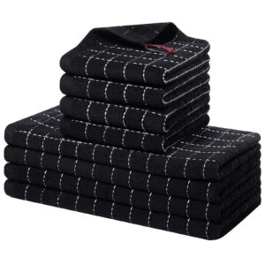 homaxy kitchen towels and dishcloths set, 12 x 12 and 13 x 28 inches, set of 8 bulk cotton terry kitchen towels set, checkered designed, soft and super absorbent dish towels, black