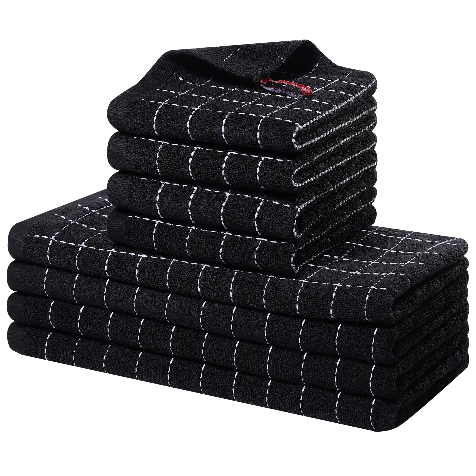 Homaxy Kitchen Towels and Dishcloths Set, 12 x 12 and 13 x 28 Inches, Set of 8 Bulk Cotton Terry Kitchen Towels Set, Checkered Designed, Soft and Super Absorbent Dish Towels, Black