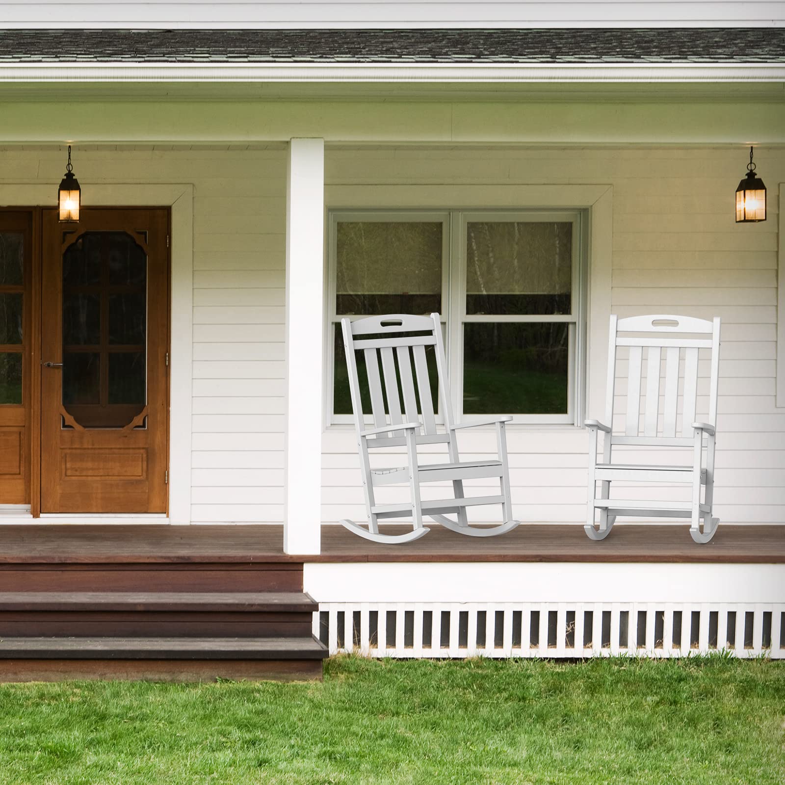 POLYDUN Outdoor Rocking Chair, Looks Like Wood, High Back Poly Lumber Patio Rocker Chair, 365Lbs Support, All-Weather Porch Rocking Chair for Lawn, Backyard, Indoor, Garden, White