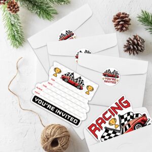 REWIDPARTY Race Car Party Invitations with Envelopes & Stickers（Set of 15） Red Racing Shaped Fill-in Invitations Car Racing Birthday Party Invite Cards Race Car Party Supplies for Kids Teens Adults