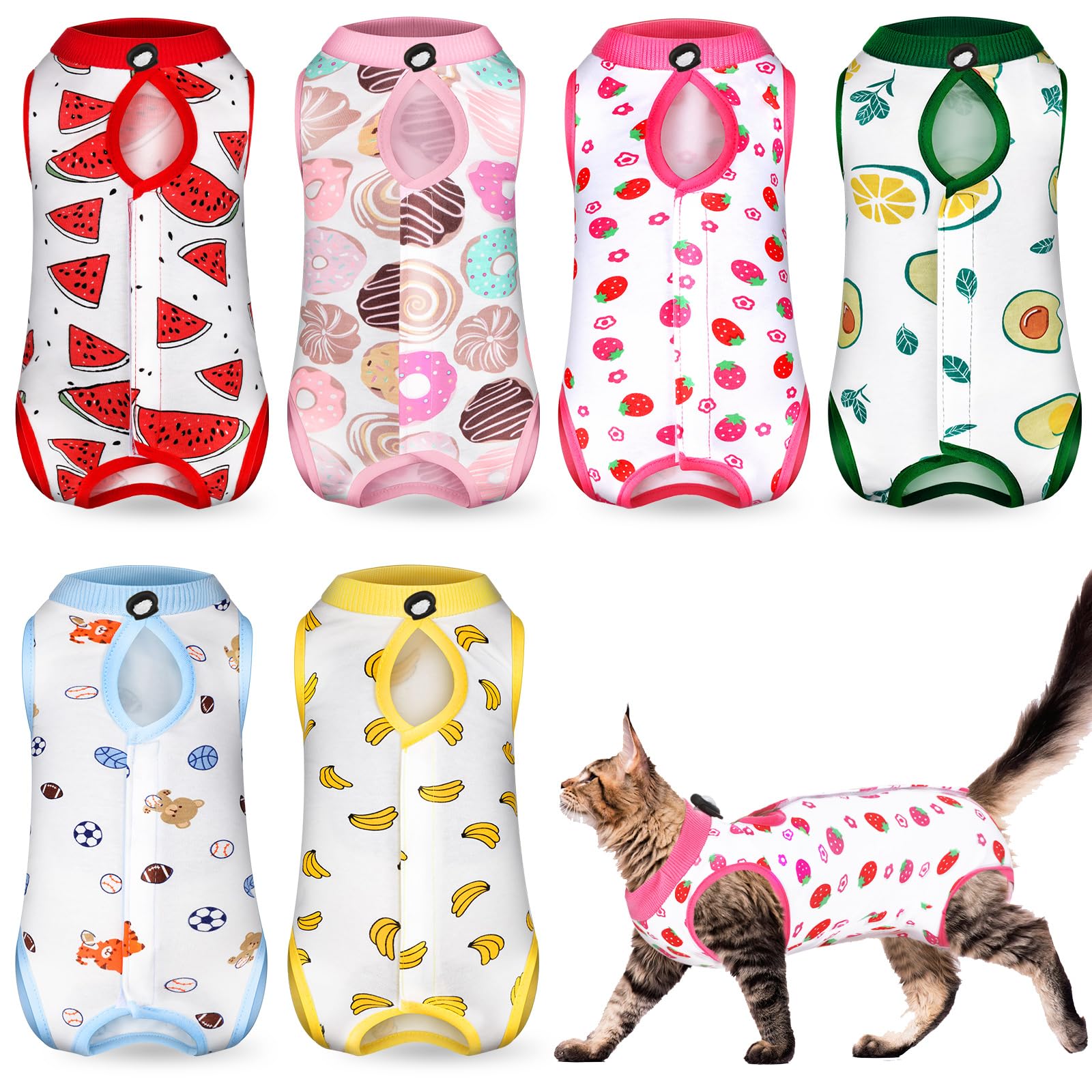 Kacctyen 6 Set Cat Recovery Suit After Surgery Female and Male Cat Surgery Suit Kitten Recovery Suit E Collar Alternative Pajama Cat Clothes for Spay Suit Abdominal Skin Anti Licking(Fruit,Medium)