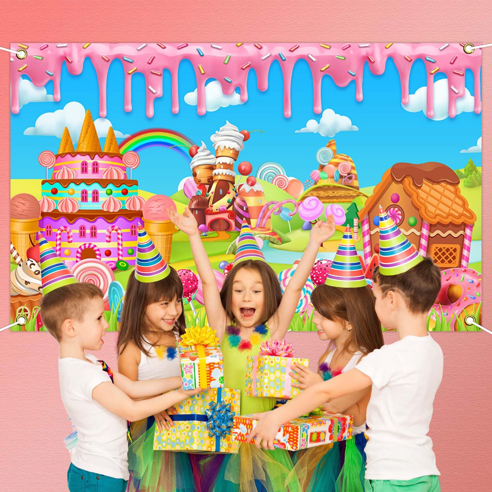 Avezano Candyland Banner Backdrop Sweet Donut Candy Background for Birthday Party Decoration Rainbow Candytown Baby Shower Photo Booth Banner, 70.8x43.3inch