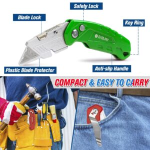 BIBURY Utility Knife 2-Pack, Heavy Duty Folding Box Cutter with Extra 10pcs Replacement SK5 Blades, Pocket Carpet Knife with Quick Change & Safety Lock, Belt Clip