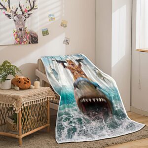 Funny Cat Throw for Kids, Farmhouse Cool Cat Riding Shark on Blue Ocean Fleece Throw Blanket Cozy Soft Lightweight Couch Sofa Bed,Blue Blankets Bedding Gifts for Girls Boys Teens Cute Throw Blanket