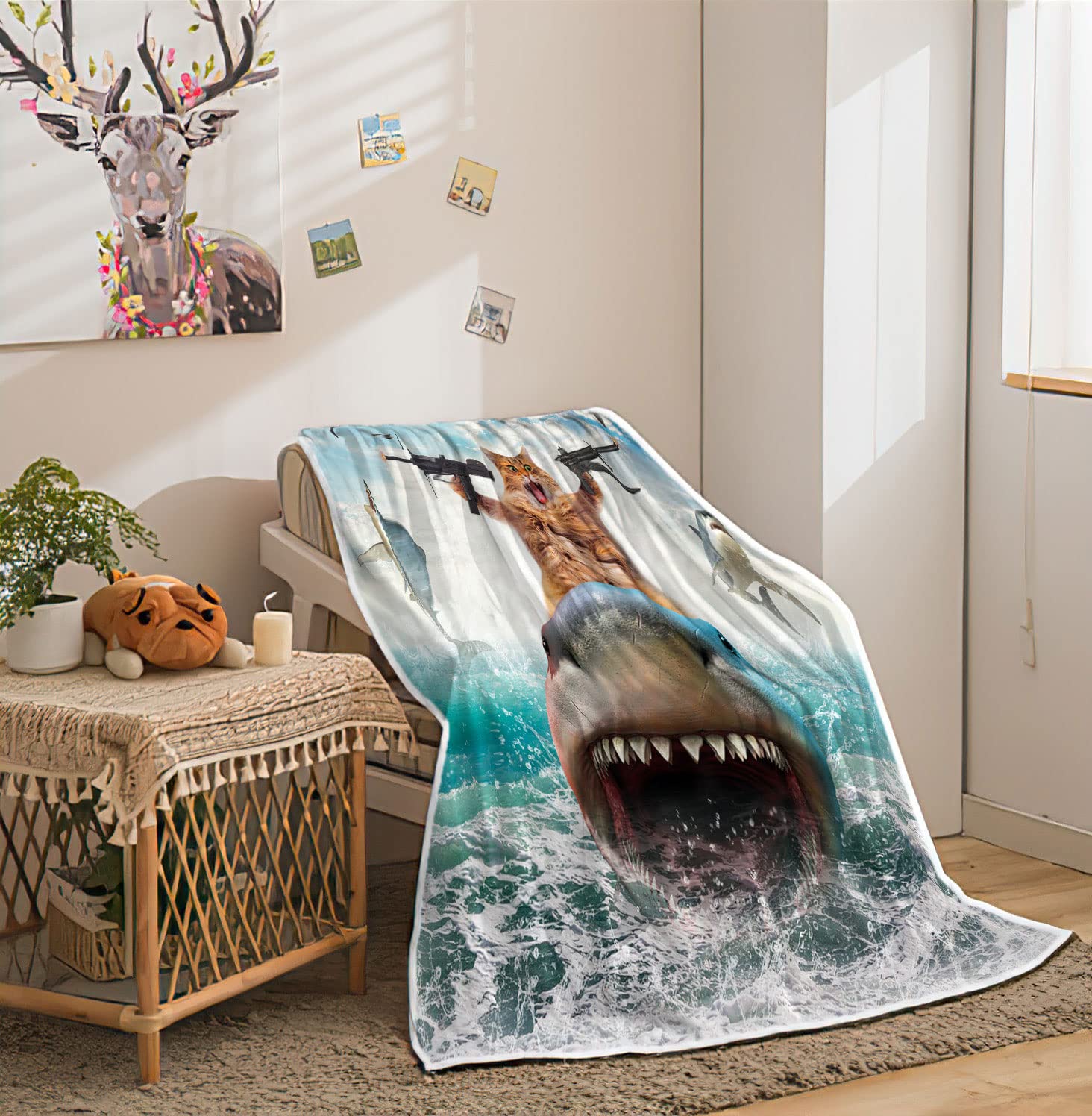 Funny Cat Throw for Kids, Farmhouse Cool Cat Riding Shark on Blue Ocean Fleece Throw Blanket Cozy Soft Lightweight Couch Sofa Bed,Blue Blankets Bedding Gifts for Girls Boys Teens Cute Throw Blanket