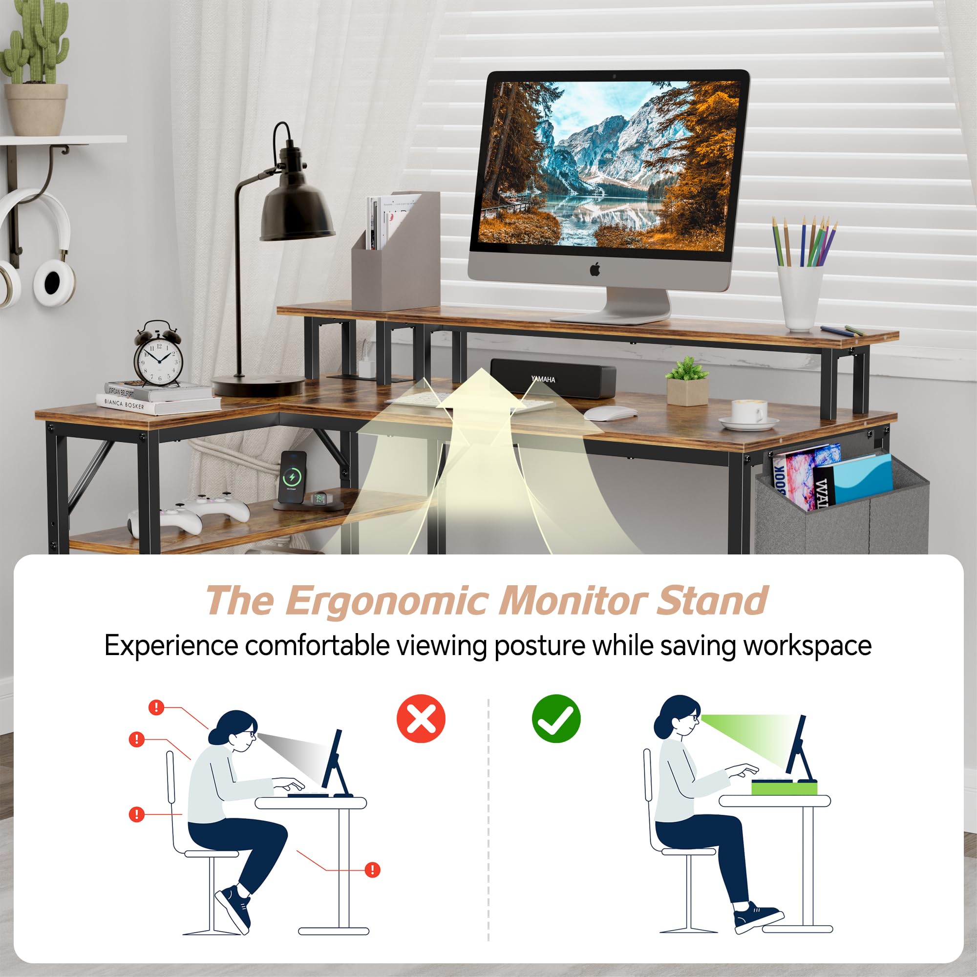 Mr IRONSTONE L Shaped Desk with Power Outlets & LED Lights, Computer Desk with Long Monitor Stand, 47 Inch Office Desk, Corner Desk for Small Space, Home Office Desk, Rustic Brown