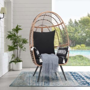 JOIVI Wicker Egg Chair, Oversized Indoor Outdoor Lounger Large Egg Basket Chair with Stand and Cushions for Patio Porch, Backyard, Living Room, Balcony (Beige Rattan, Black Cushion)