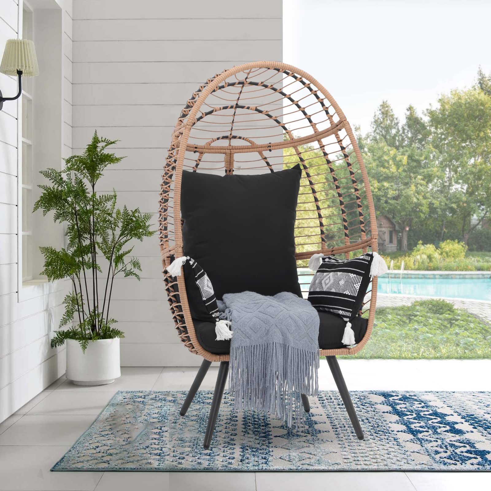 JOIVI Wicker Egg Chair, Oversized Indoor Outdoor Lounger Large Egg Basket Chair with Stand and Cushions for Patio Porch, Backyard, Living Room, Balcony (Beige Rattan, Black Cushion)