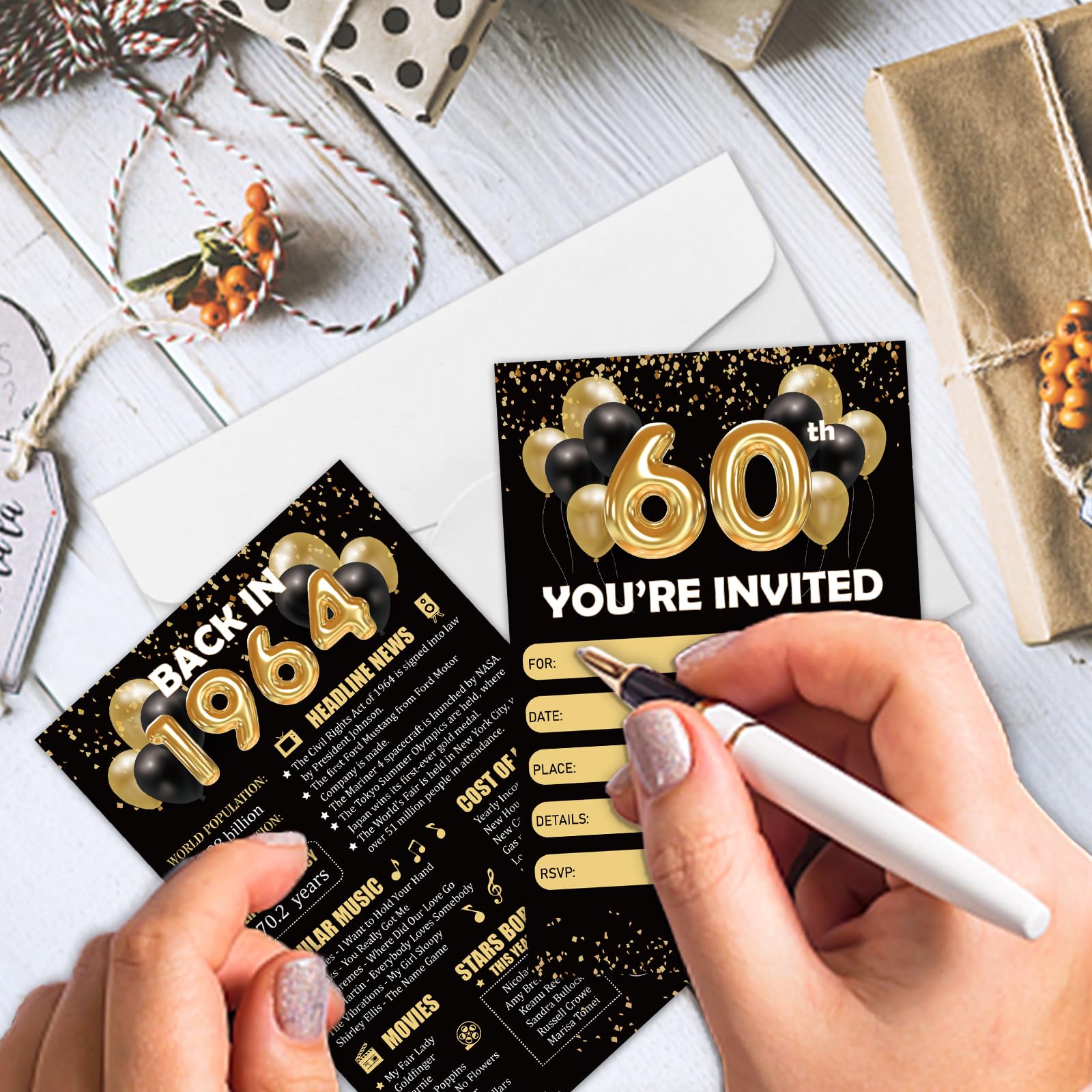 REWIDPARTY Black Gold 60th Birthday Invitations with Envelopes & Stickers（Set of 15） Back in 1964 Fill in Invitations Happy 60th Birthday Invite Cards 60 Years Old Birthday Party Supplies for Adults