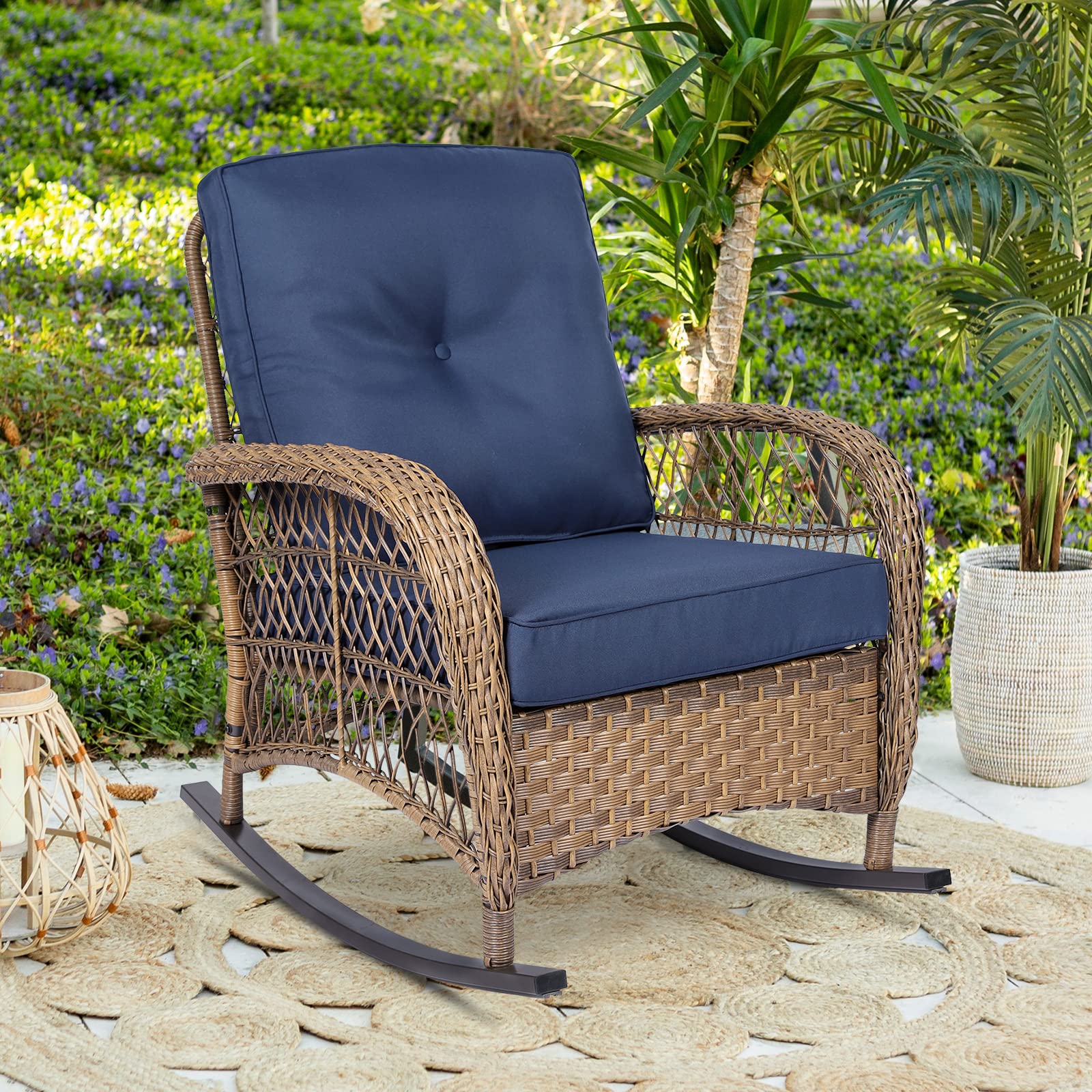 W WARMHOL Outdoor Wicker Rocking Chair with Thickened Cushions, All-Weather Rattan Patio Rocking Chairs, Rocker Wicker Chair for Porch Garden & Backyard, Navy Blue