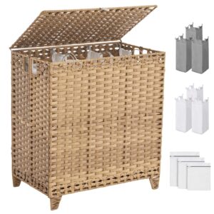 laundry hamper with lid, 190l large laundry basket 3 section with 6 removable liner bags & 3 mesh laundry bags, handwoven rattan clothes hamper with heightened feet, no install needed, natural