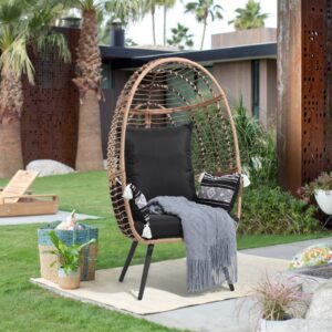 JOIVI Wicker Egg Chair, Oversized Indoor Outdoor Lounger Large Egg Basket Chair with Stand and Cushions for Patio Porch, Backyard, Living Room, Balcony (Beige Rattan, Black Cushion)