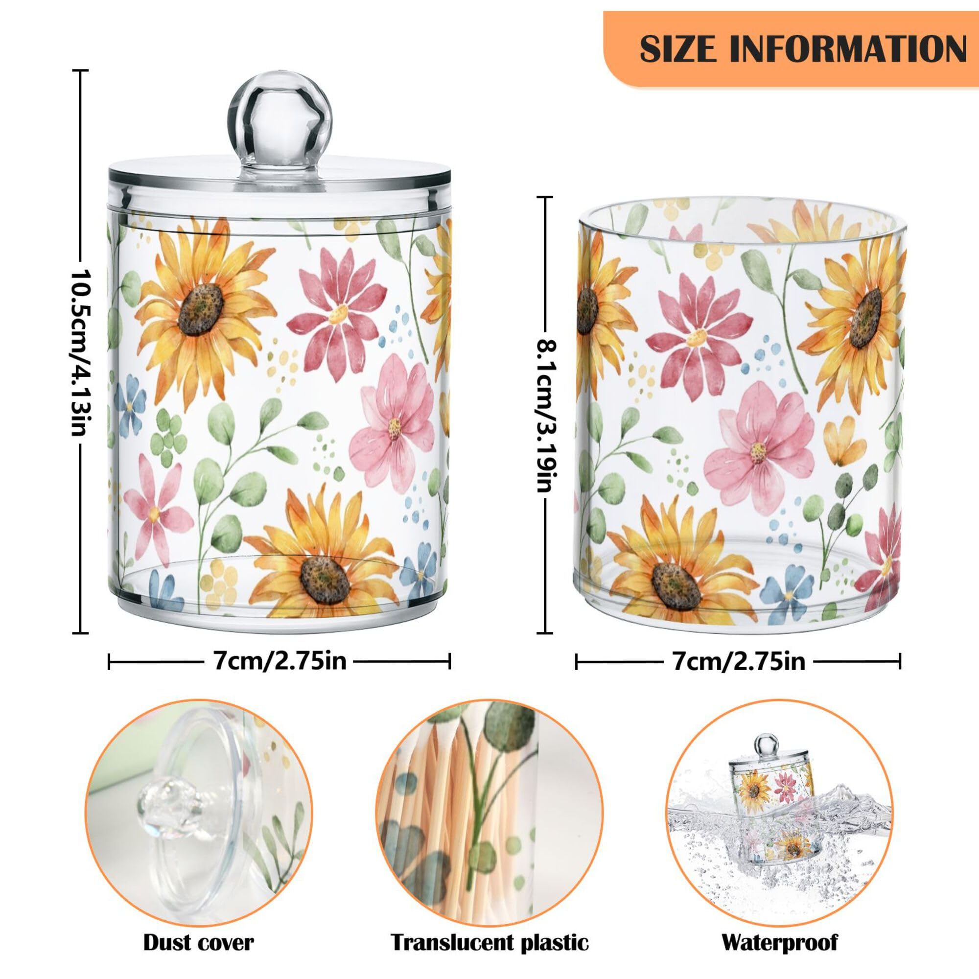 YEGAME 2 Pack Sunflower Qtip Holder Apothecary Jars with Lids, Clear Apothecary Jar Food Storage Container for Tea, Coffee, Cotton Balls, Dental Floss