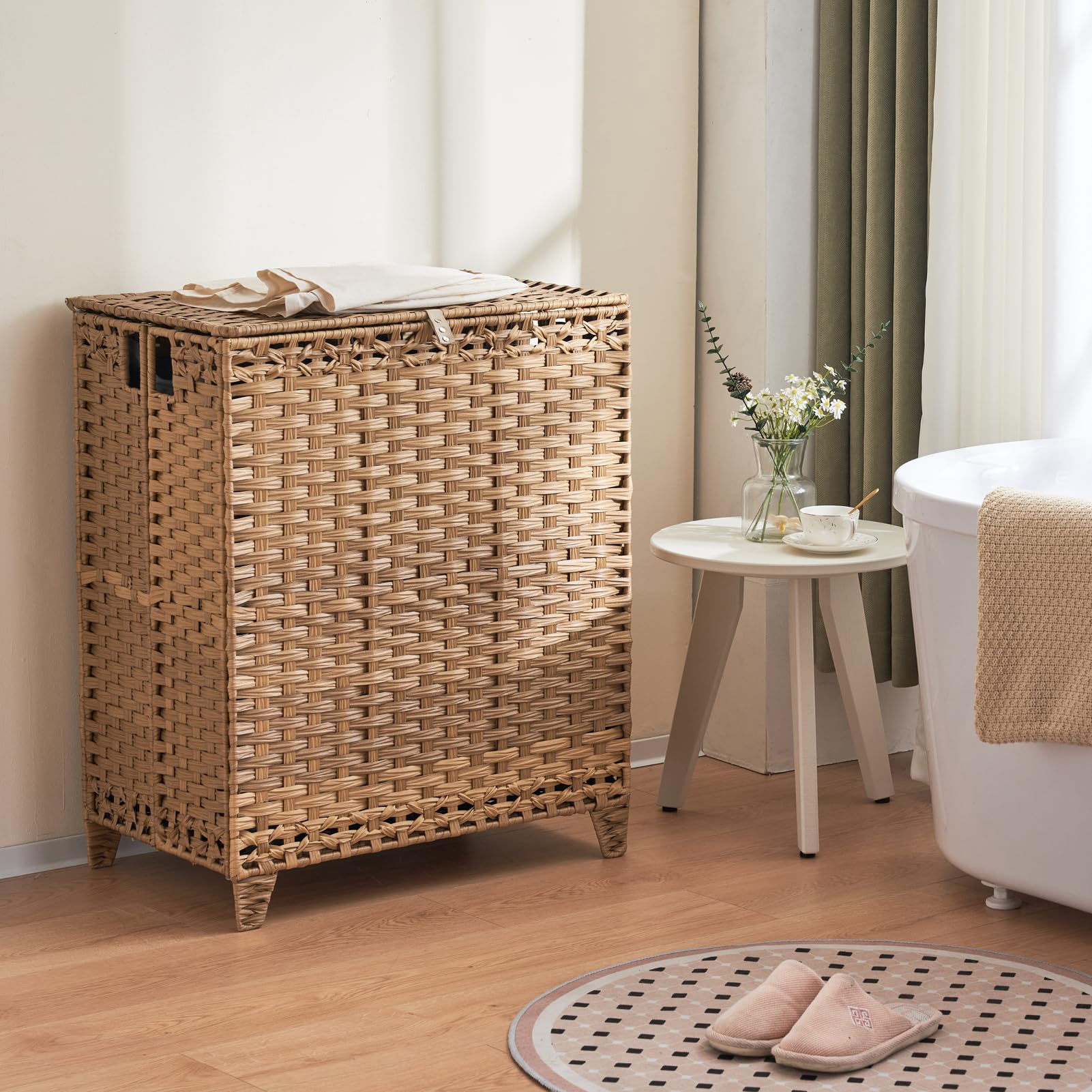 Laundry Hamper with Lid, 190L Large Laundry Basket 3 Section with 6 Removable Liner Bags & 3 Mesh Laundry Bags, Handwoven Rattan Clothes Hamper with Heightened Feet, No Install Needed, Natural