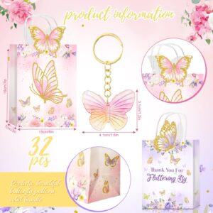 Leinuosen 32 Pieces Butterfly Party Favors Bags Set 16 Thank You for Fluttering by Gift Bag 16 Pcs Butterfly Keychains Butterfly Paper Bags Butterfly Goodie Bag Treat Bag for Baby Shower Party Favors