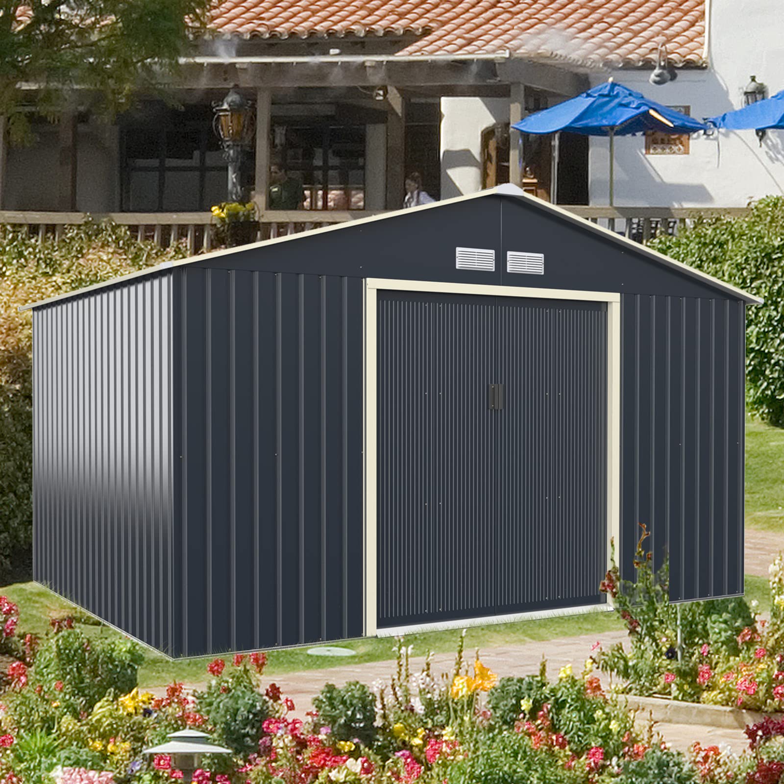 IRONMAX 11x8 FT Outdoor Storage Shed, Galvanized Steel Garden Shed w/Double Sliding Doors & Air Vent for Lawnmower Tool Bike, Heavy Duty Tool Storage House for Backyard Patio Lawn