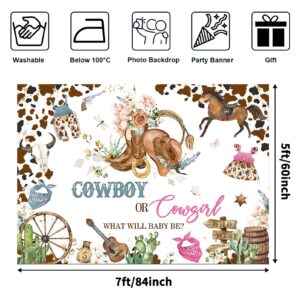 Avezano Gender Reveal Backdrop Cowboy or Cowgirl Gender Reveal Party Background Cow Print Western Rodeo Theme Gender Reveal Banner Cowgirl and Cowboy Gender Reveal Party Decorations (7x5ft)