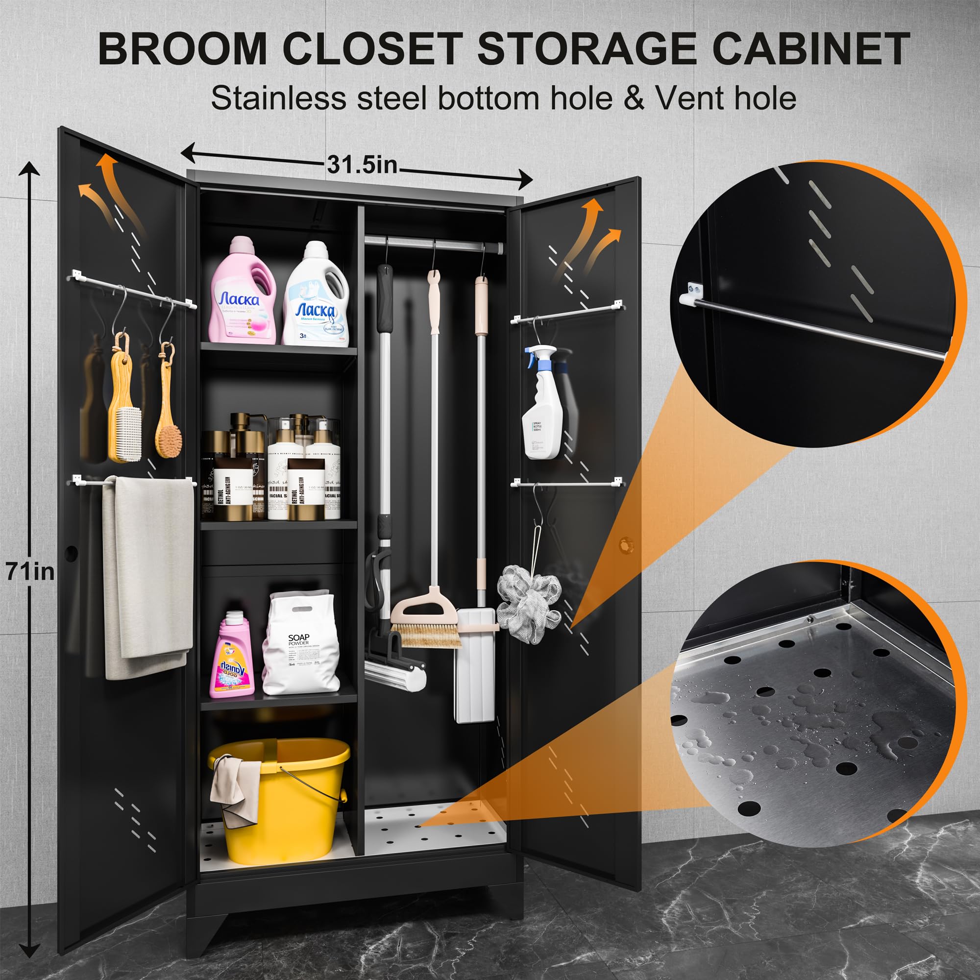 ZONLESON Metal Garage Storage Cabinet, Kitchen Pantry Cabinet with Doors and Shelves, Broom Organizer Storage Tool Racks,Cleaning Cabinet with Stainless Steel Leak (H71* D16.53*L31.5in)