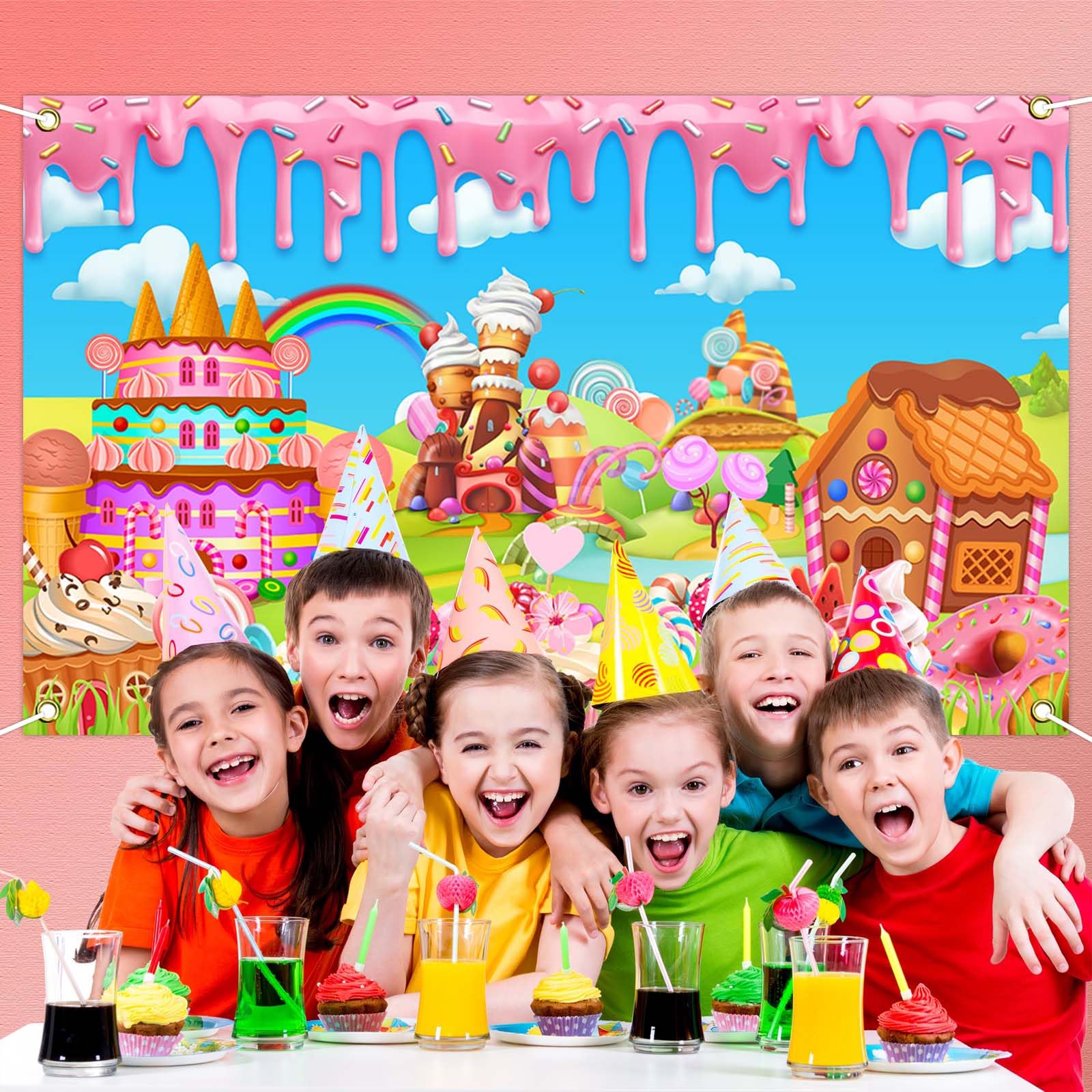 Avezano Candyland Banner Backdrop Sweet Donut Candy Background for Birthday Party Decoration Rainbow Candytown Baby Shower Photo Booth Banner, 70.8x43.3inch