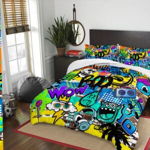 AILONEN Cartoon Skull Bedding Set Twin Size, Graffiti Theme Spray Paint Ink Textured Silhouette Comforter Set,Hip-Hop Style Soft Breathable Duvet Set for Boys Girls 3Pcs, 1 Quilt and 2 Pillowcases