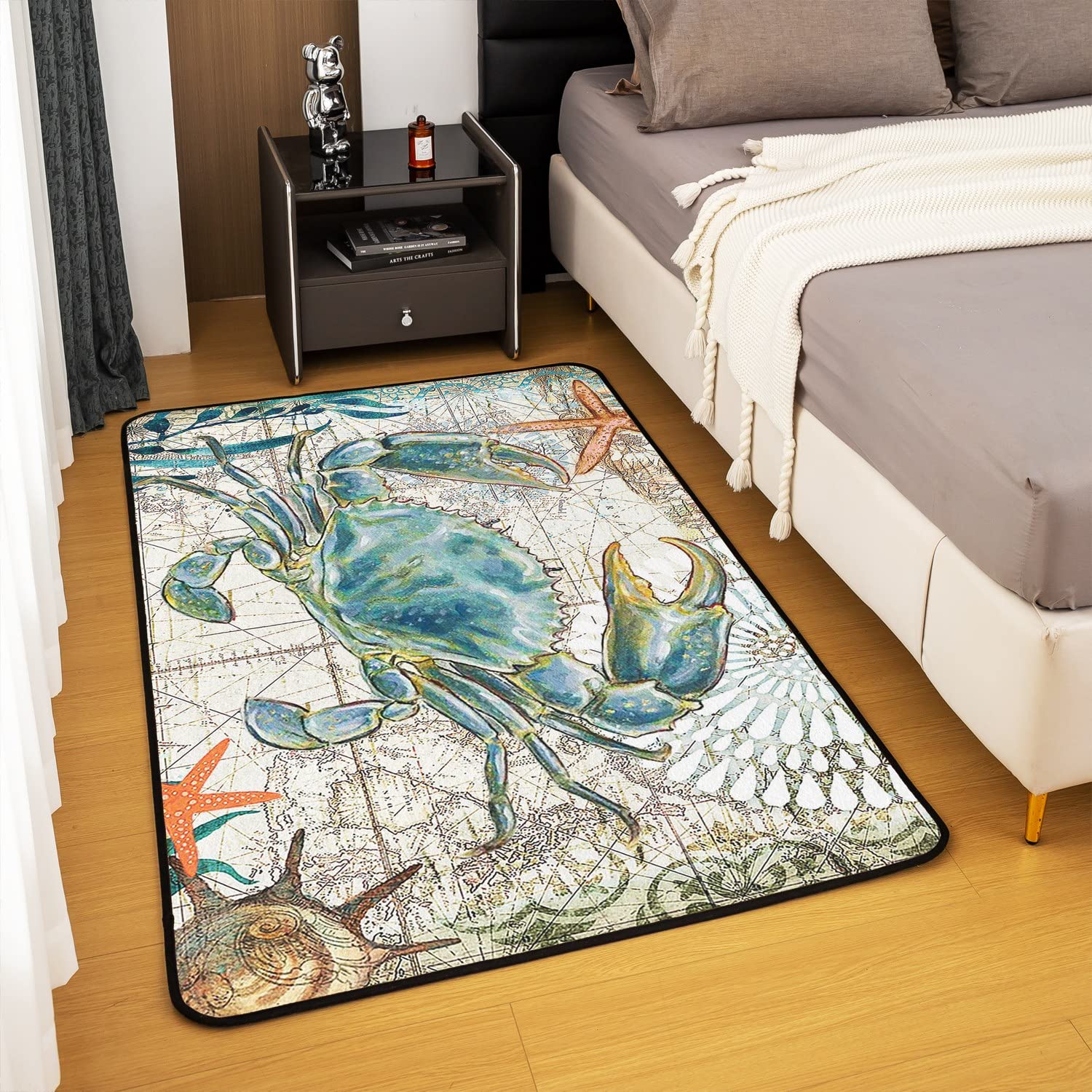 Erosebridal Sea Beach Theme Carpet 5'x7' Kids Ocean Crabs Print Area Rug 3D Crab Indoor Floor Mat,Marine Life Animal Decorative Rug,Teal Blue Accent Rug Set Bedroom Living Room Bedside Dining