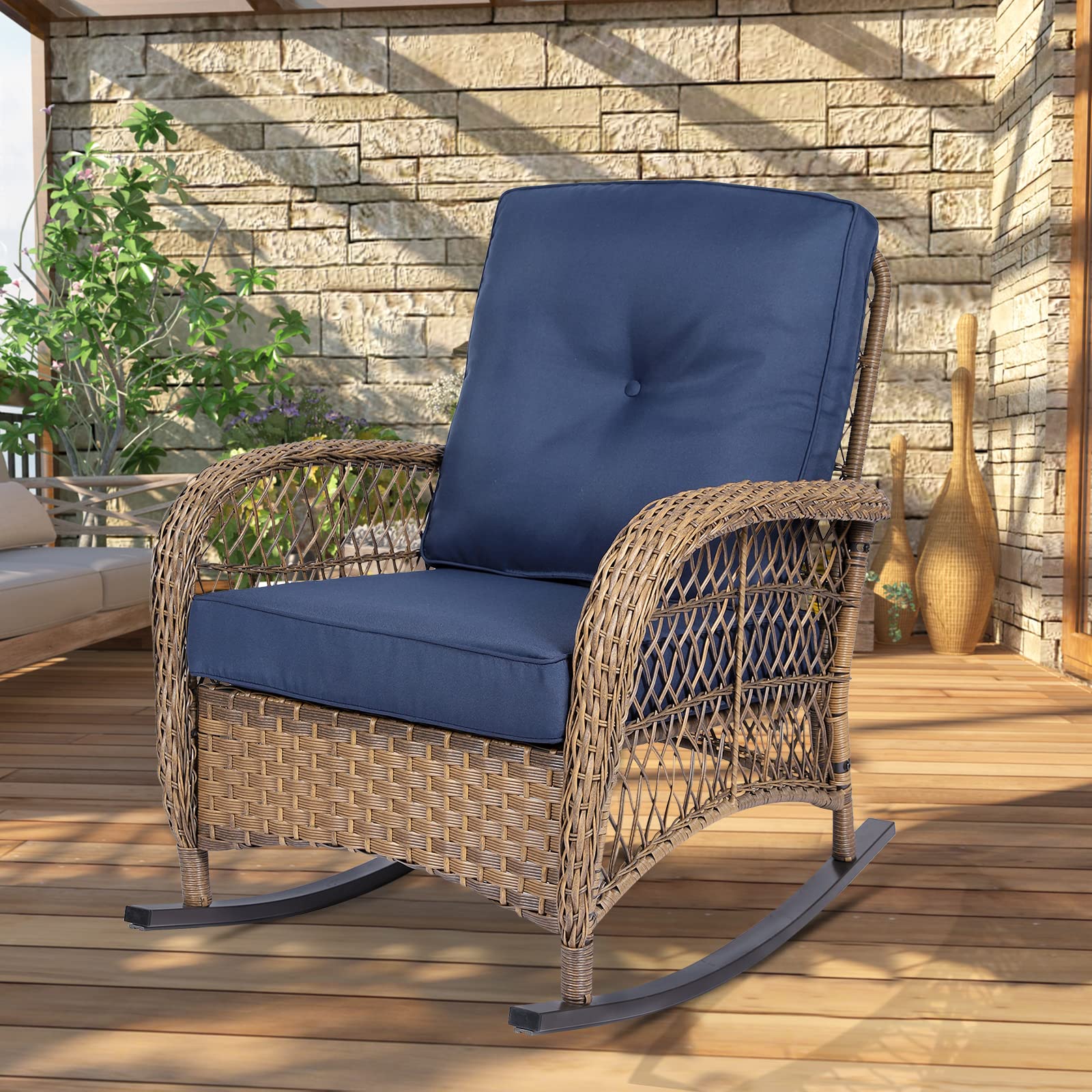 W WARMHOL Outdoor Wicker Rocking Chair with Thickened Cushions, All-Weather Rattan Patio Rocking Chairs, Rocker Wicker Chair for Porch Garden & Backyard, Navy Blue