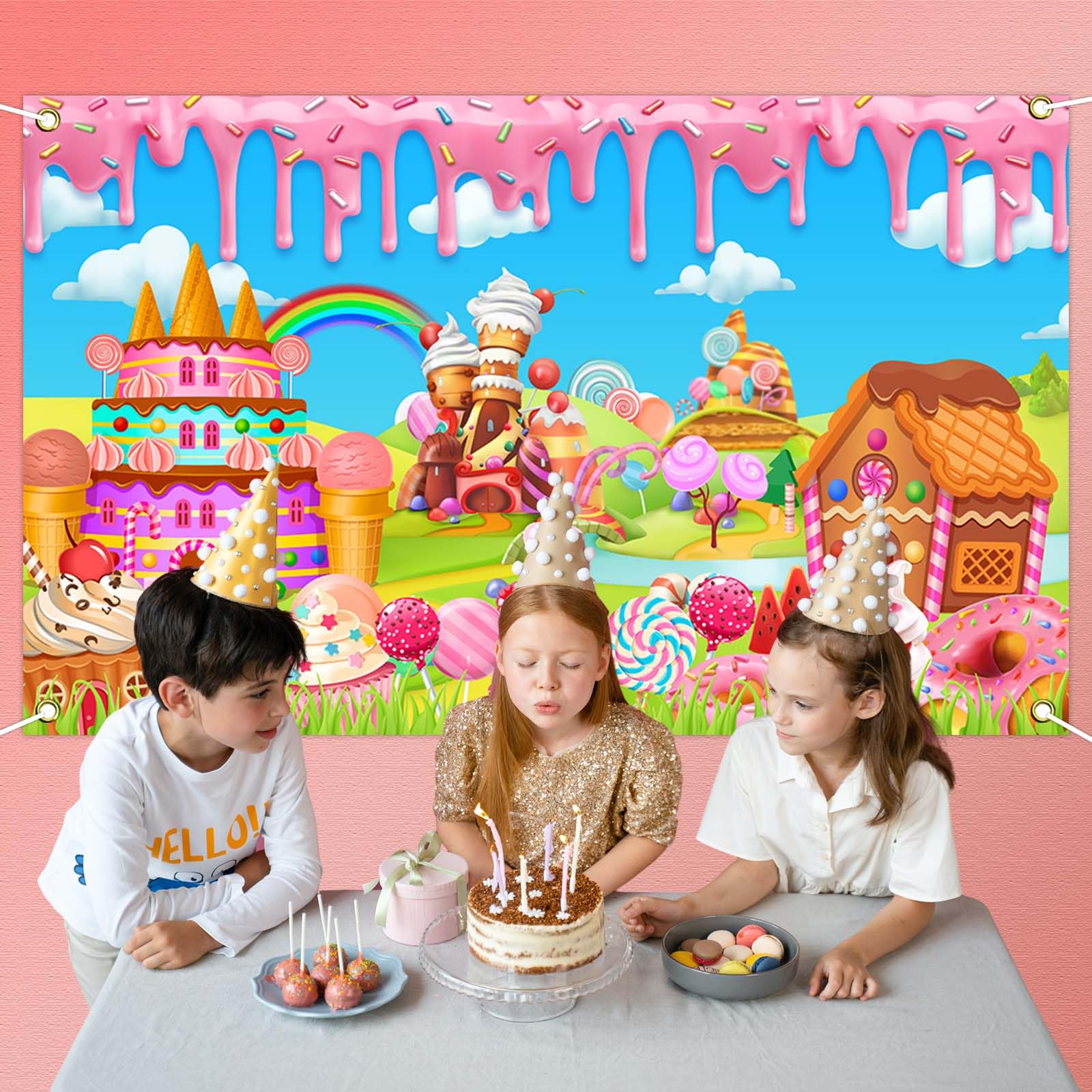 Avezano Candyland Banner Backdrop Sweet Donut Candy Background for Birthday Party Decoration Rainbow Candytown Baby Shower Photo Booth Banner, 70.8x43.3inch