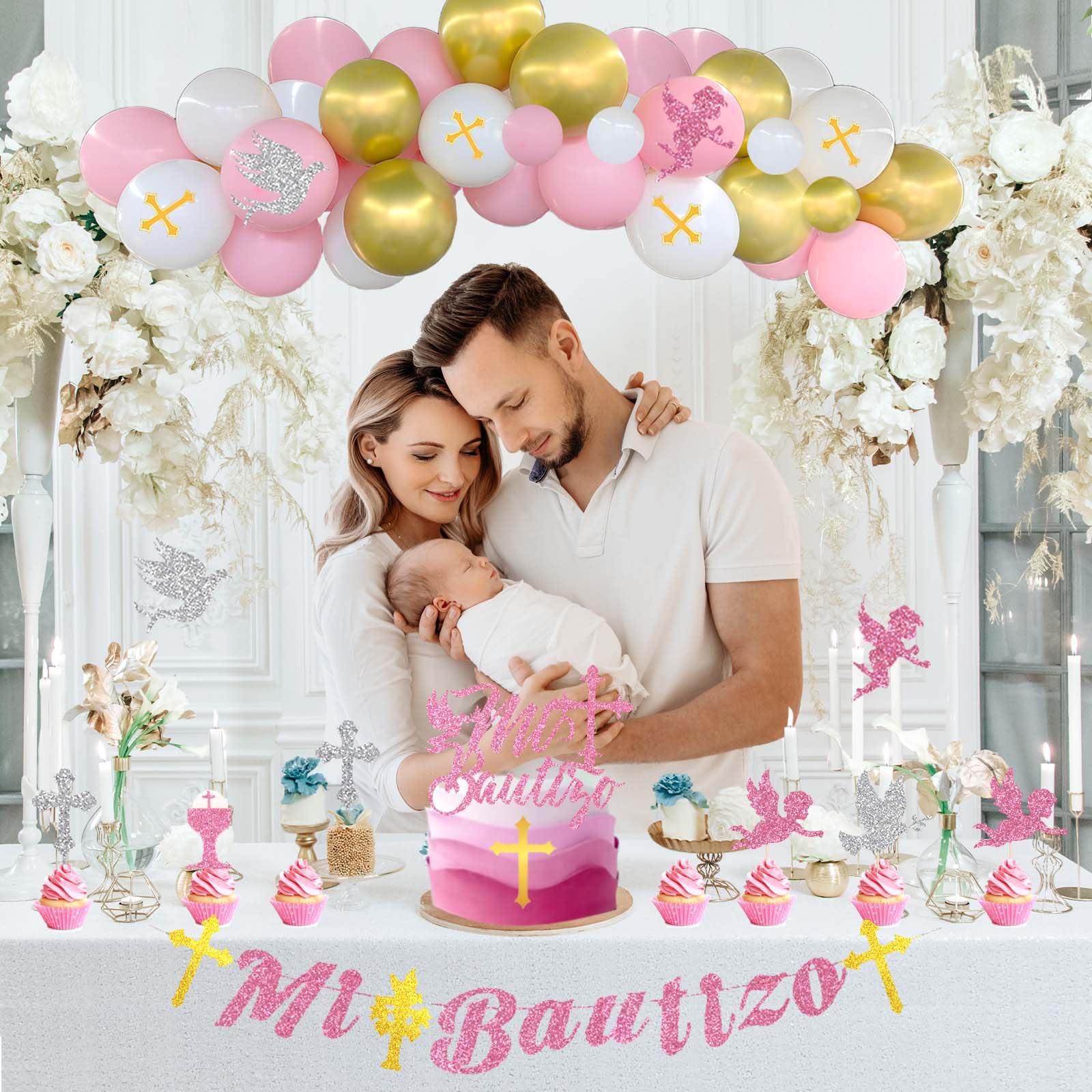 Fiesec Mi Bautizo Decorations for Girls, Baptism First Communion Christening God Bless Party Decorations Backdrop Balloon Garland Arch Glitter Banner Cake Cupcake Topper Gold Pink 103 PCs