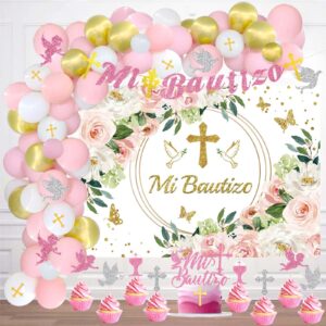 fiesec mi bautizo decorations for girls, baptism first communion christening god bless party decorations backdrop balloon garland arch glitter banner cake cupcake topper gold pink 103 pcs