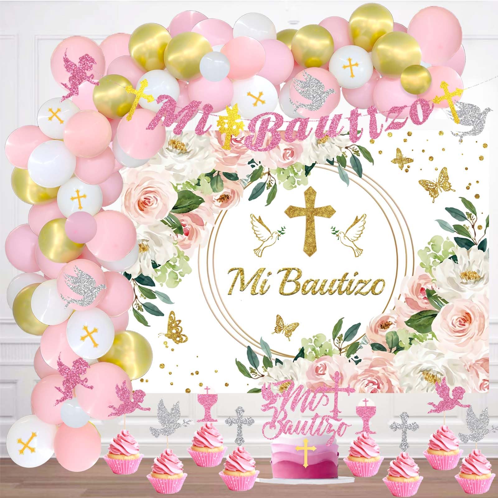 Fiesec Mi Bautizo Decorations for Girls, Baptism First Communion Christening God Bless Party Decorations Backdrop Balloon Garland Arch Glitter Banner Cake Cupcake Topper Gold Pink 103 PCs