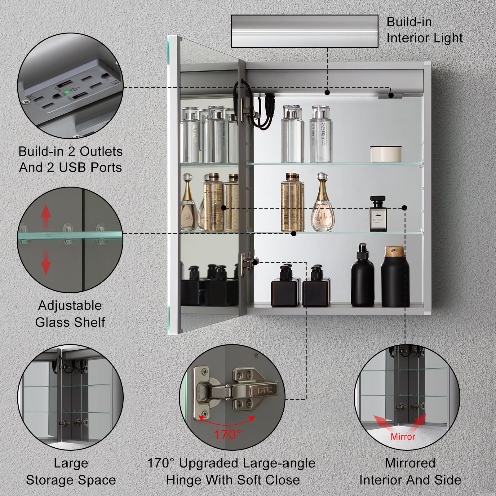 DURLDENG Lighted Medicine Cabinet with Mirror Electrical Outlet,20 X 26 Led Medicine Cabinet Mirror for Bathroom,Internal Light,Recessed Or Surface Wall Mounted, Defogger, Dimmer,Large Angle Hinge