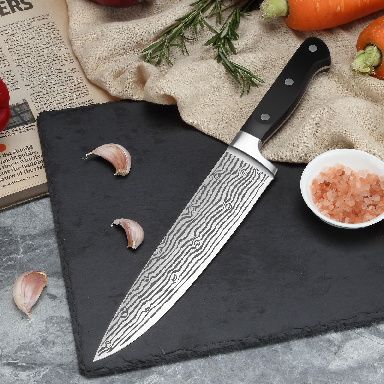 Chef knives (8.3 inch), Unokit Professional chef knife and honing steel, stainless steel, Ergonomic Handle, Ultra Sharp Chef Knife, Non-Stick Kitchen Knife, Chefs Knives and Honing Steel with Gift Box