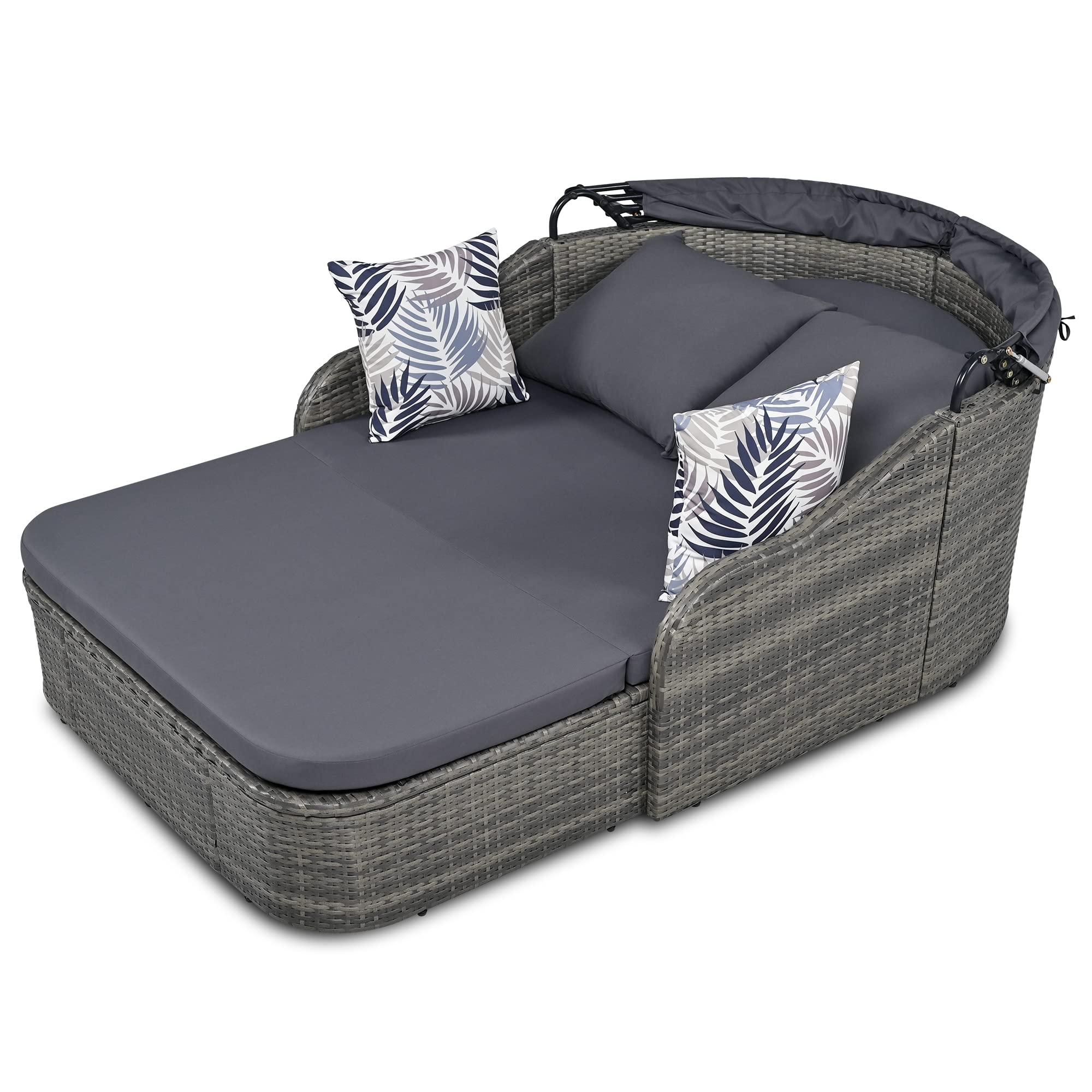 Outdoor Sunbed with Retractable Canopy, Rattan Wicker Patio Daybed with Washable Cushions and Pillows, Chaise Chair Sunbed for Garden Poolside Backyard, Gray Wicker