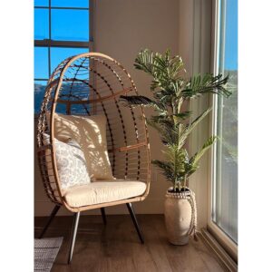 JOIVI Wicker Egg Chair, Oversized Indoor Outdoor Lounger Large Egg Basket Chair with Stand and Cushions for Patio Porch, Backyard, Living Room, Balcony (Beige Rattan, Creamy White Cushion)