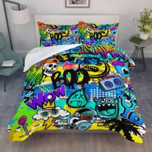 ailonen cartoon skull bedding set twin size, graffiti theme spray paint ink textured silhouette comforter set,hip-hop style soft breathable duvet set for boys girls 3pcs, 1 quilt and 2 pillowcases