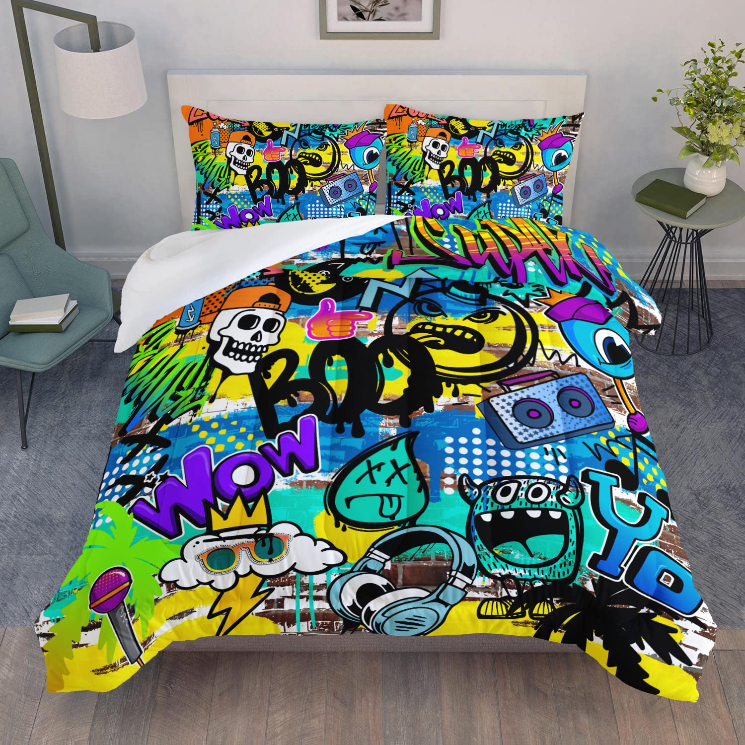 AILONEN Cartoon Skull Bedding Set Twin Size, Graffiti Theme Spray Paint Ink Textured Silhouette Comforter Set,Hip-Hop Style Soft Breathable Duvet Set for Boys Girls 3Pcs, 1 Quilt and 2 Pillowcases