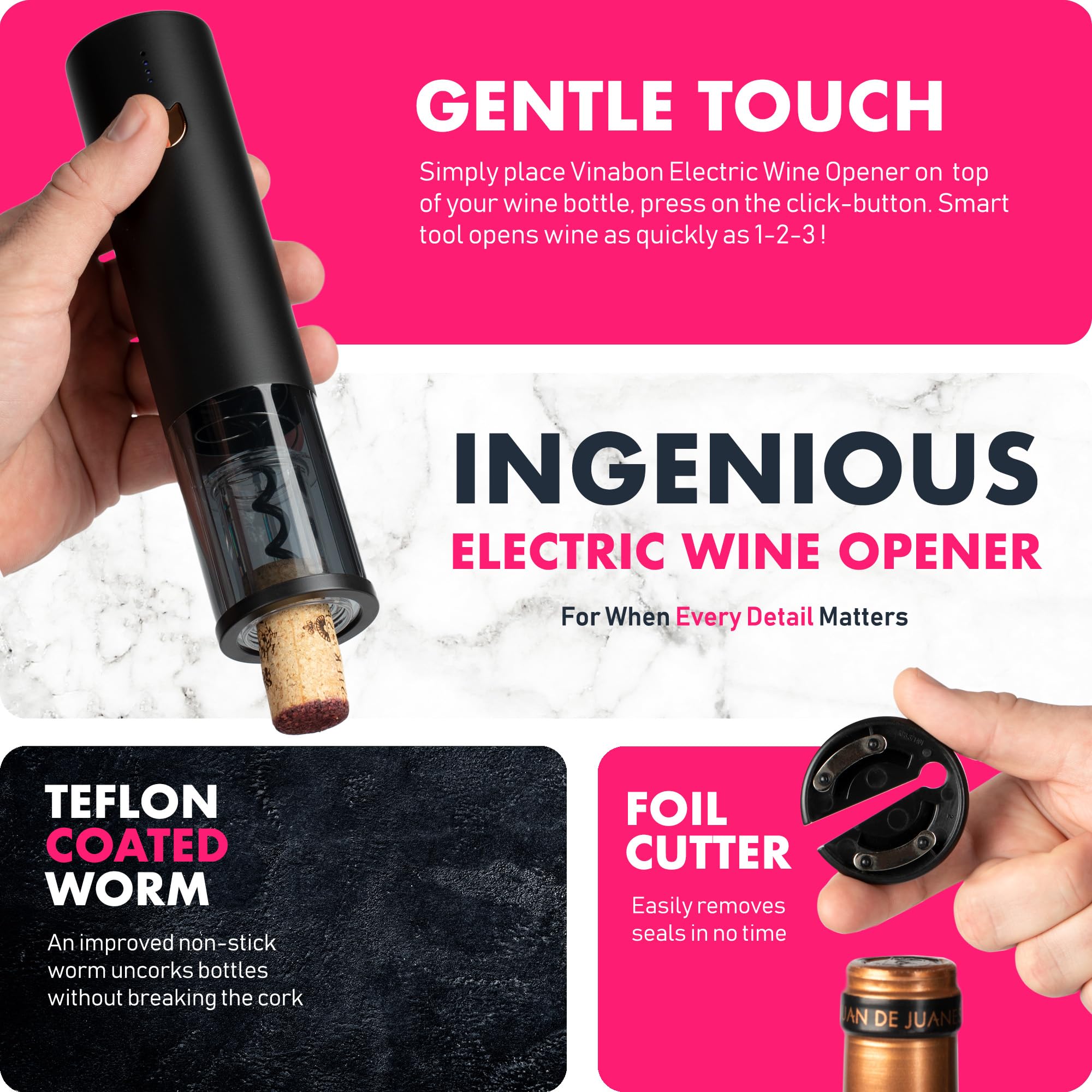 VINABON Electric Wine Opener - Premium 2025 Rechargeable Wine Bottle Opener Corkscrew with Foil Cutter, One-Touch Automatic Operation & LED Lights. Includes Wine Guide eBook