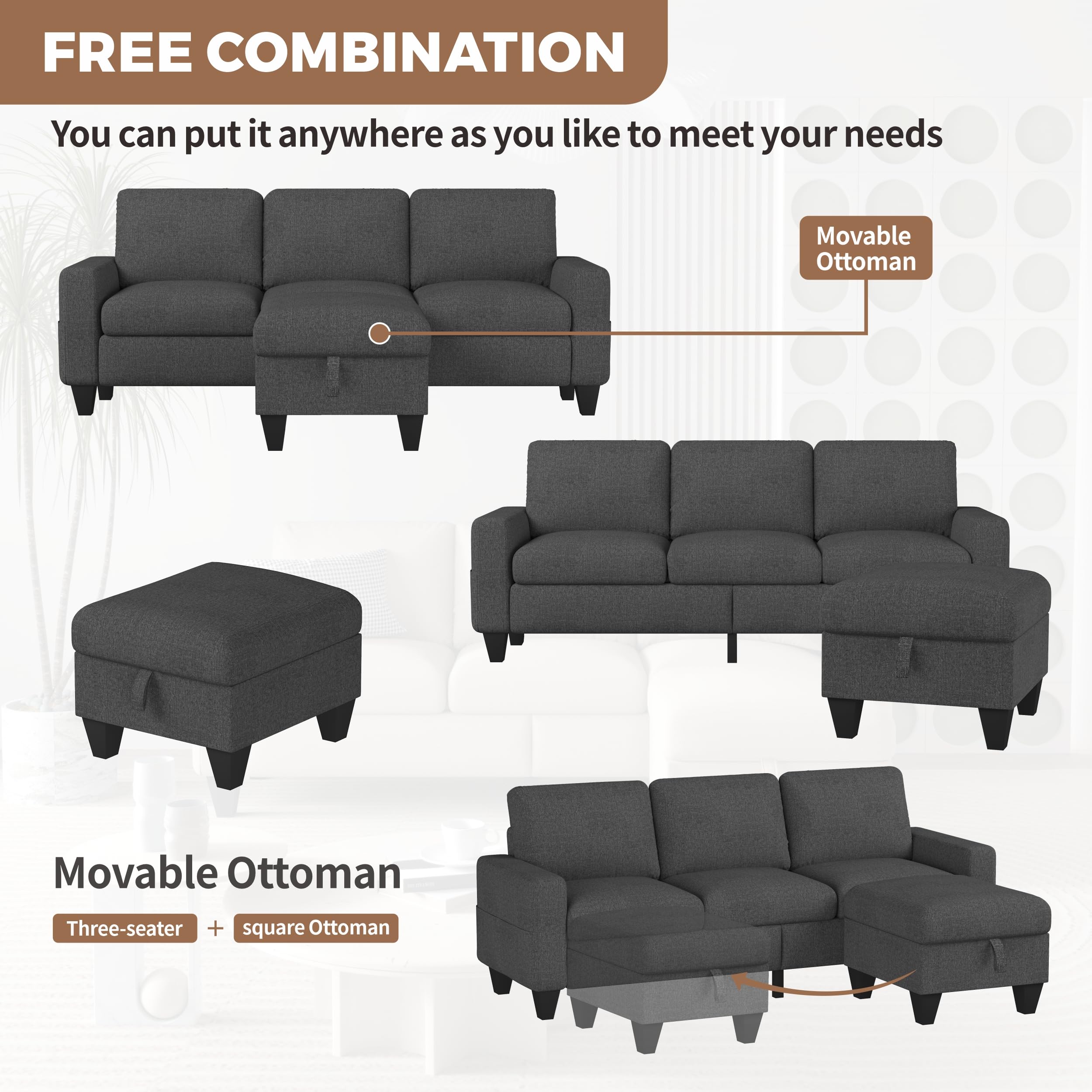 Youmumeub Sectional Sofa Couch, Convertible L Shaped Couches with Ottoman, Dark Grey Modern Small Modular Sofas for Living Room, Apartment Small Space