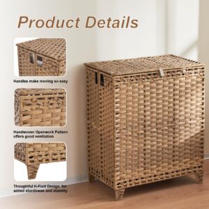 Laundry Hamper with Lid, 190L Large Laundry Basket 3 Section with 6 Removable Liner Bags & 3 Mesh Laundry Bags, Handwoven Rattan Clothes Hamper with Heightened Feet, No Install Needed, Natural