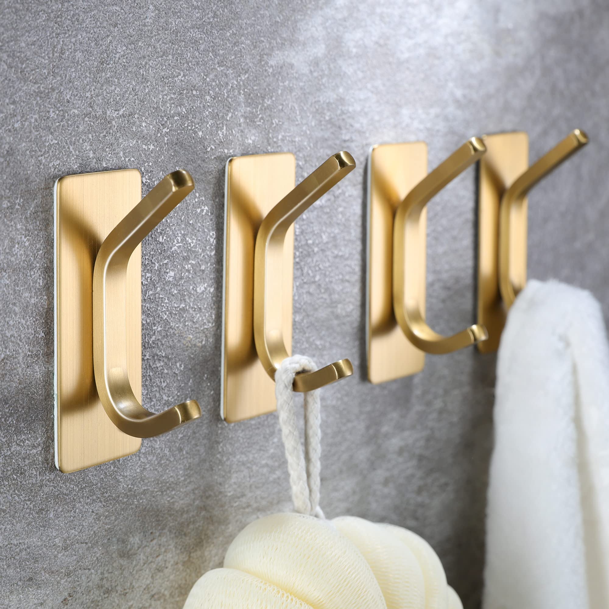 Taozun Adhesive Hooks - Gold Towel Hooks Coat Hooks, Stainless Steel 4-Pack Wall Hooks for Hanging Robe Sponges in Bathroom and Bedroom