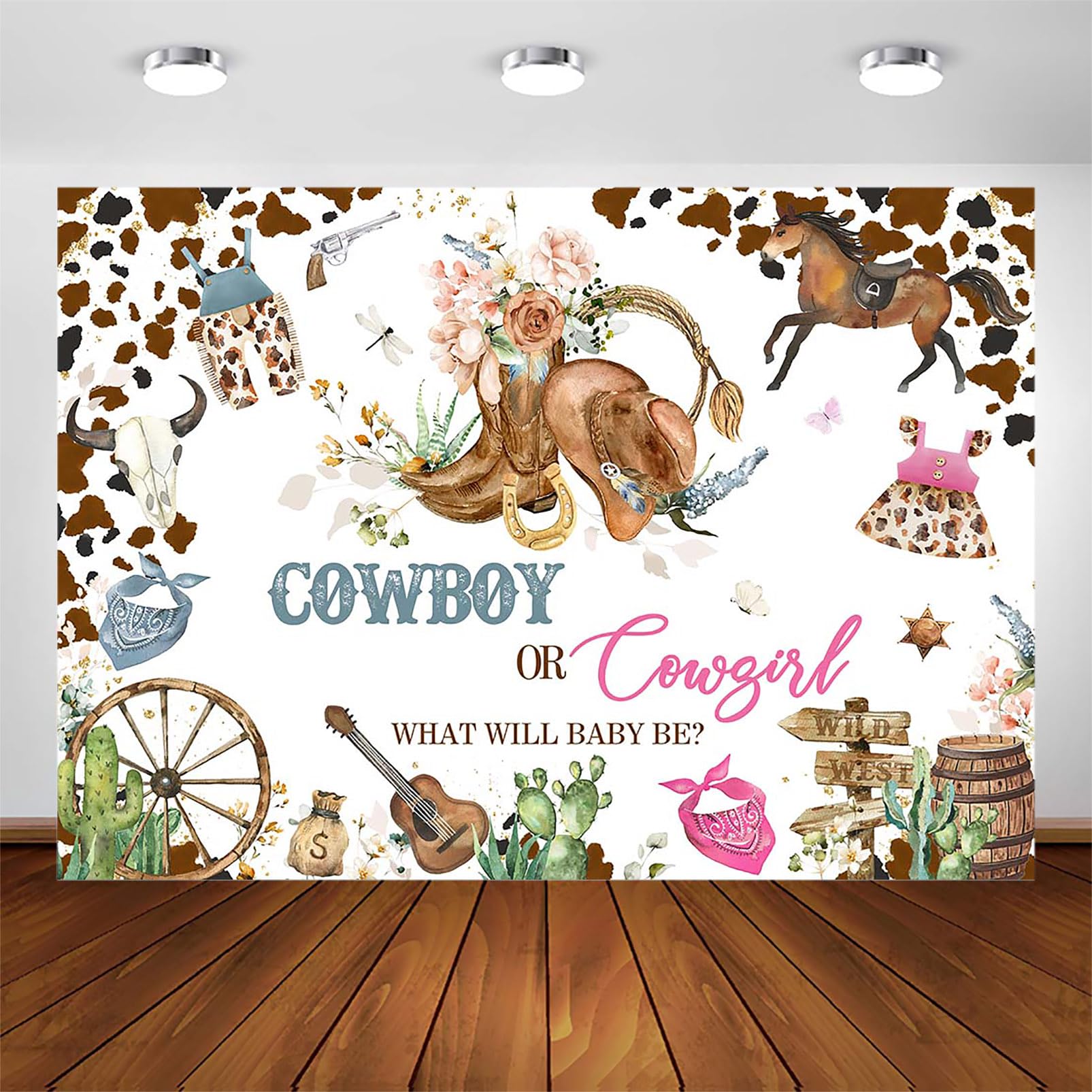 Avezano Gender Reveal Backdrop Cowboy or Cowgirl Gender Reveal Party Background Cow Print Western Rodeo Theme Gender Reveal Banner Cowgirl and Cowboy Gender Reveal Party Decorations (7x5ft)