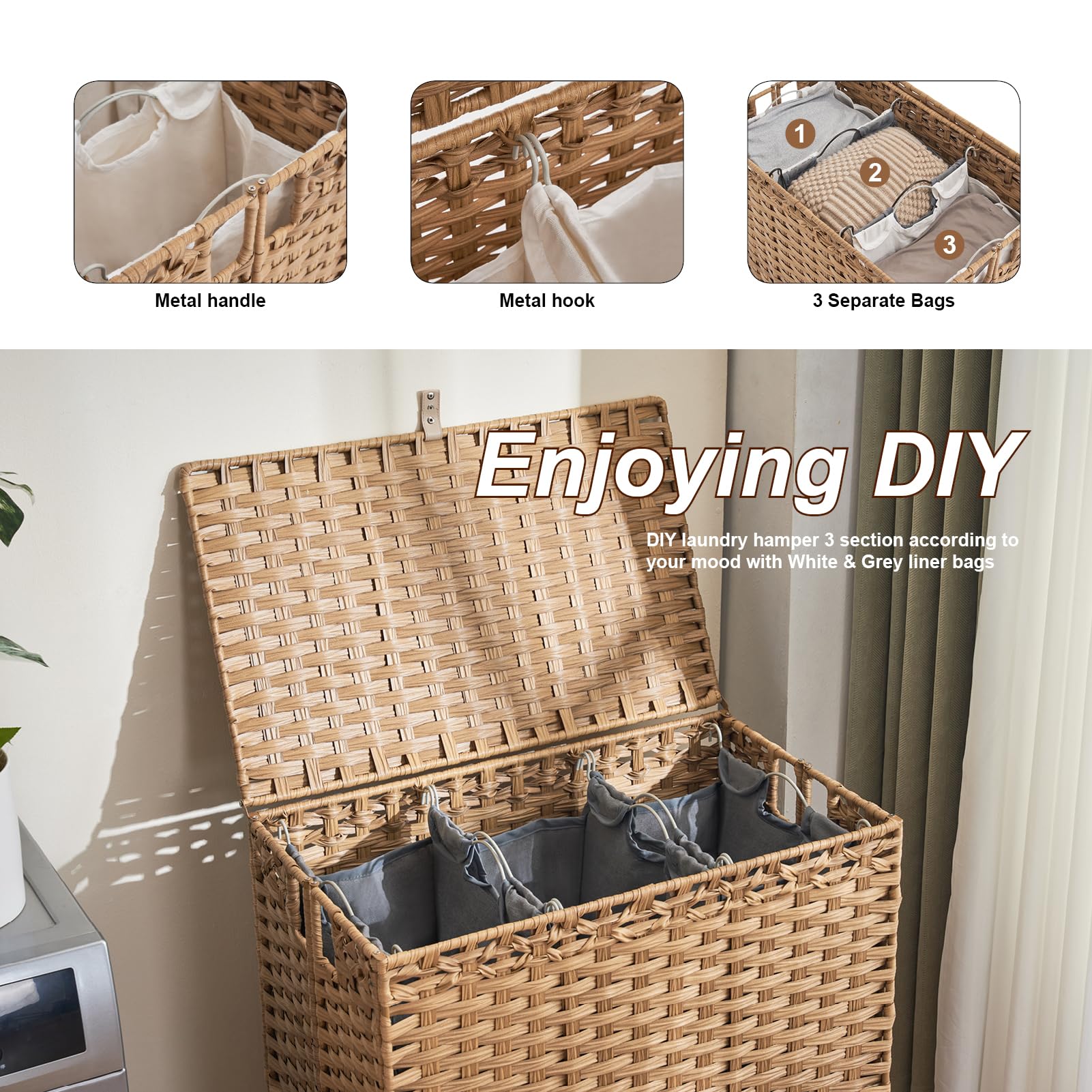 Laundry Hamper with Lid, 190L Large Laundry Basket 3 Section with 6 Removable Liner Bags & 3 Mesh Laundry Bags, Handwoven Rattan Clothes Hamper with Heightened Feet, No Install Needed, Natural