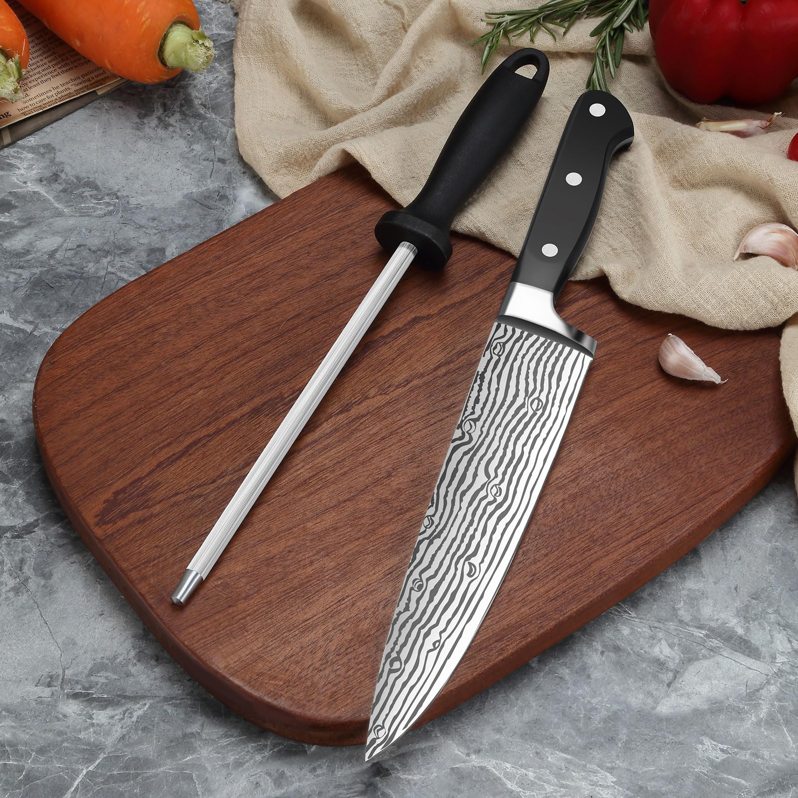 Chef knives (8.3 inch), Unokit Professional chef knife and honing steel, stainless steel, Ergonomic Handle, Ultra Sharp Chef Knife, Non-Stick Kitchen Knife, Chefs Knives and Honing Steel with Gift Box