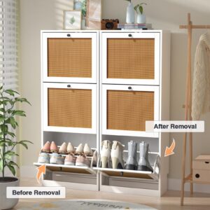 Anmytek Rattan Shoe Cabinet, Entryway Cabinet Wooden Shoe Rack with 3 Flip Drawers, 3-Tier Shoe Storage Cabinet for Entryway Hallway, White S0003